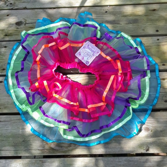 Tutu Skirt Tulle Ribbon Bright Rainbow Colors Prin - Picture 4 of 6